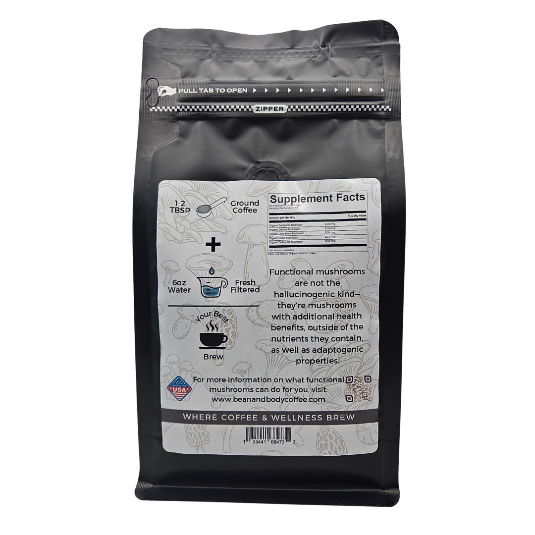 Bean & Body: Power 5 Functional Mushroom Coffee (Lions Mane, Reishi, Turkey Tail, Shiitake and Cordyceps Mushrooms)